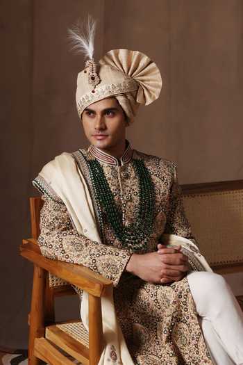 Shop_ZOOP MEN_Green Silk, Cotton, Satin Hand Embroidered Sherwani Set 