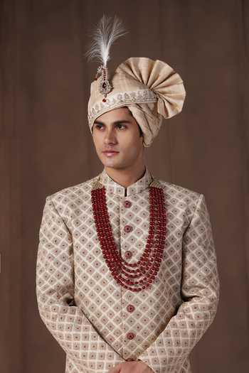 Buy_ZOOP MEN_Gold Jacquard, Silk, Cotton, Satin Embroidered Sherwani Set _Online_at_Aza_Fashions