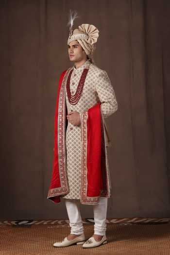 Shop_ZOOP MEN_Gold Jacquard, Silk, Cotton, Satin Embroidered Sherwani Set _Online_at_Aza_Fashions