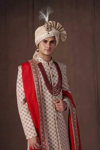 ZOOP MEN_Gold Jacquard, Silk, Cotton, Satin Embroidered Sherwani Set _at_Aza_Fashions