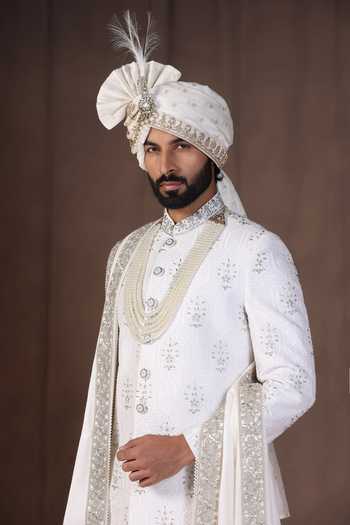 Buy_ZOOP MEN_White Jacquard, Silk, Cotton, Satin Hand Embroidered Sherwani Set _Online_at_Aza_Fashions