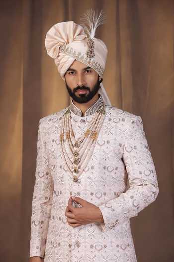 ZOOP MEN_Pink Silk, Jacquard, Cotton, Satin Hand Embroidered Sherwani Set _Online_at_Aza_Fashions
