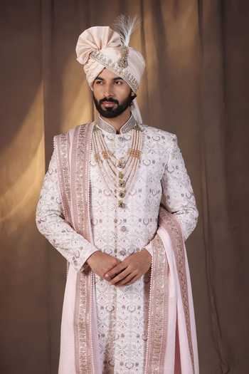 Buy_ZOOP MEN_Pink Silk, Jacquard, Cotton, Satin Hand Embroidered Sherwani Set _Online_at_Aza_Fashions
