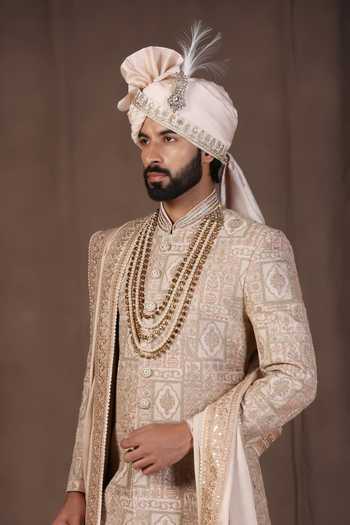 Buy_ZOOP MEN_Gold Jacquard, Silk, Cotton, Satin Embroidered Sherwani Set _Online_at_Aza_Fashions