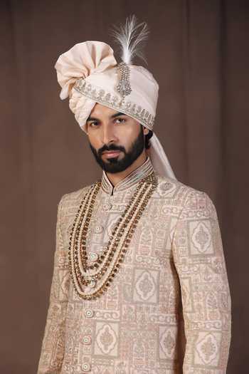 Shop_ZOOP MEN_Gold Jacquard, Silk, Cotton, Satin Embroidered Sherwani Set _Online_at_Aza_Fashions