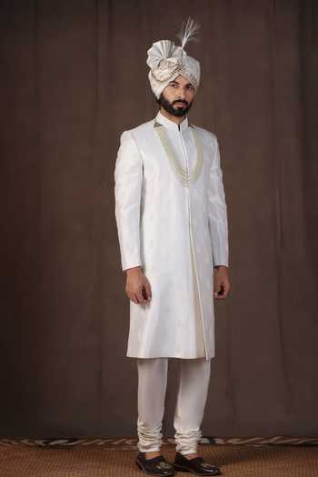 ZOOP MEN_White Silk, Cotton, Satin Hand Embroidered Sherwani Set _Online_at_Aza_Fashions