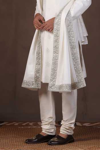 Buy_ZOOP MEN_White Silk, Cotton, Satin Hand Embroidered Sherwani Set _Online_at_Aza_Fashions