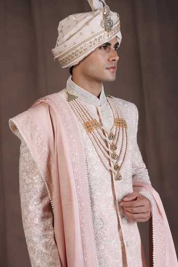 Buy_ZOOP MEN_Pink Silk, Jacquard, Cotton, Satin Hand Embroidered Sherwani Set _Online_at_Aza_Fashions