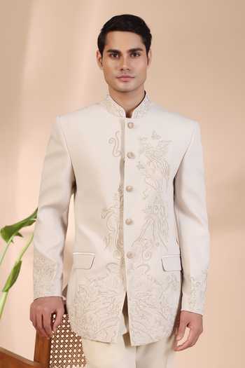 ZOOP MEN_Cream Silk, Satin, Lycra Pearls Thread Embroidered Bandhgala Set _Online_at_Aza_Fashions