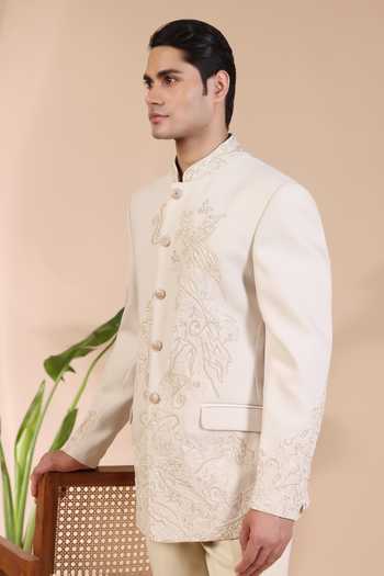 Buy_ZOOP MEN_Cream Silk, Satin, Lycra Pearls Thread Embroidered Bandhgala Set _Online_at_Aza_Fashions