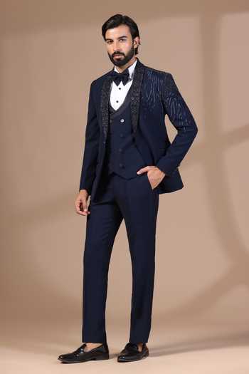 Buy_ZOOP MEN_Navy Jacquard, Rayon , Cut Work, Thread Hand Tuxedo Set _Online_at_Aza_Fashions