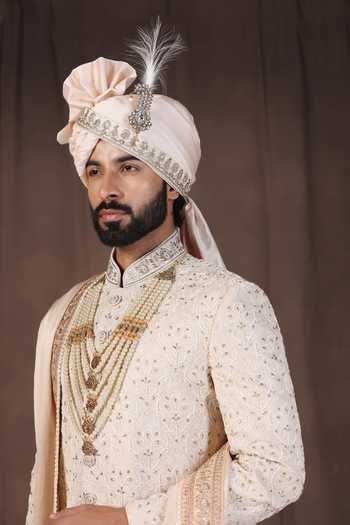 Shop_ZOOP MEN_Cream Silk, Jacquard, Cotton, Satin Hand Embroidered Sherwani Set _Online_at_Aza_Fashions