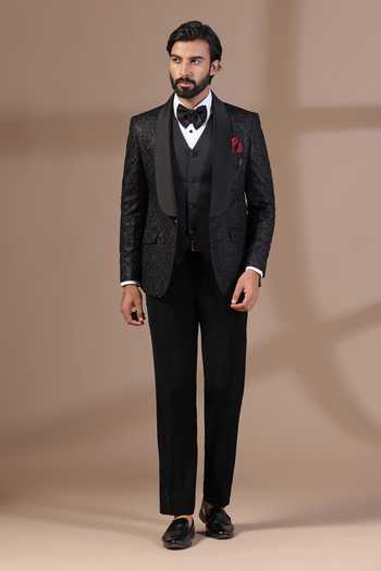 Buy_ZOOP MEN_Black Jacquard, Rayon Embroidery Thread Tuxedo Set _Online_at_Aza_Fashions