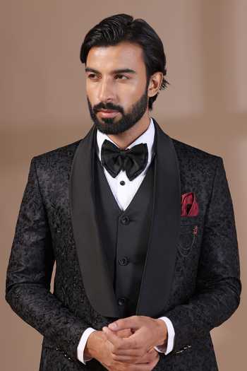 Shop_ZOOP MEN_Black Jacquard, Rayon Embroidery Thread Tuxedo Set _Online_at_Aza_Fashions