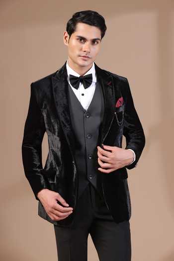 ZOOP MEN_Black Satin, Rayon Chains, Brooches Velvet Tuxedo Set _Online_at_Aza_Fashions