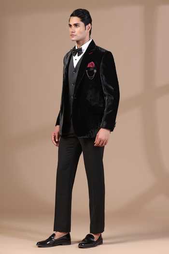 Buy_ZOOP MEN_Black Satin, Rayon Chains, Brooches Velvet Tuxedo Set _Online_at_Aza_Fashions