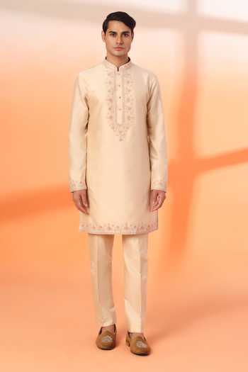 ZOOP MEN_Peach Jacquard, Cotton, Polyester, Silk Embroidered Sherwani Kurta Set _Online_at_Aza_Fashions