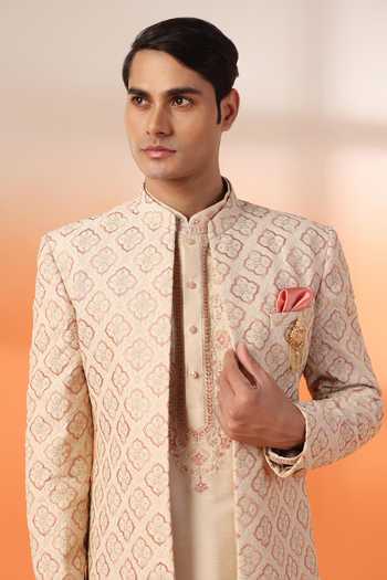 Buy_ZOOP MEN_Peach Jacquard, Cotton, Polyester, Silk Embroidered Sherwani Kurta Set _Online_at_Aza_Fashions