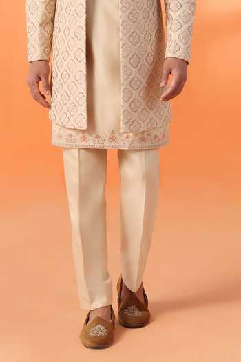 Shop_ZOOP MEN_Peach Jacquard, Cotton, Polyester, Silk Embroidered Sherwani Kurta Set _Online_at_Aza_Fashions