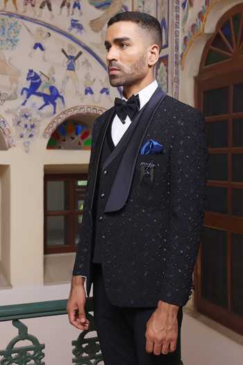 ZOOP MEN_Blue Jacquard Embroidery, Cut Work Hand Tuxedo Set _Online_at_Aza_Fashions