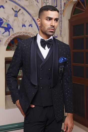 Buy_ZOOP MEN_Blue Jacquard Embroidery, Cut Work Hand Tuxedo Set _Online_at_Aza_Fashions