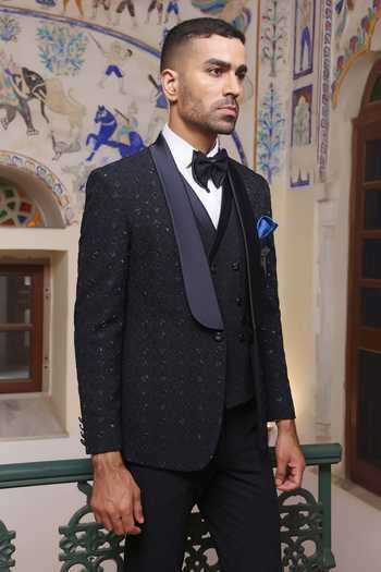 Shop_ZOOP MEN_Blue Jacquard Embroidery, Cut Work Hand Tuxedo Set _Online_at_Aza_Fashions