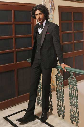 ZOOP MEN_Black Jacquard Cut Work Pattern Tuxedo Set _Online_at_Aza_Fashions
