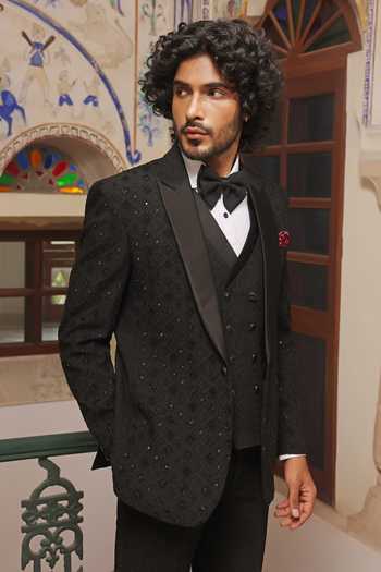 Buy_ZOOP MEN_Black Jacquard Cut Work Pattern Tuxedo Set _Online_at_Aza_Fashions