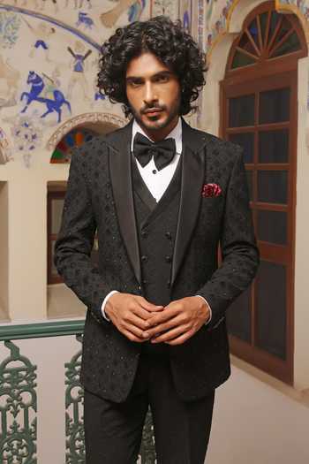Shop_ZOOP MEN_Black Jacquard Cut Work Pattern Tuxedo Set _Online_at_Aza_Fashions
