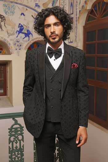 ZOOP MEN_Black Jacquard Cut Work Pattern Tuxedo Set _at_Aza_Fashions