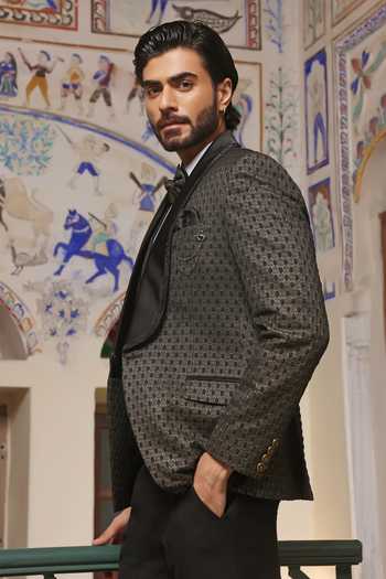 Buy_ZOOP MEN_Gold Jacquard, Rayon Embroidery Weaved Tuxedo Set _Online_at_Aza_Fashions