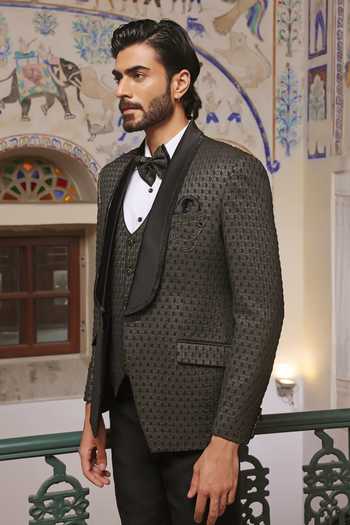 Shop_ZOOP MEN_Gold Jacquard, Rayon Embroidery Weaved Tuxedo Set _Online_at_Aza_Fashions