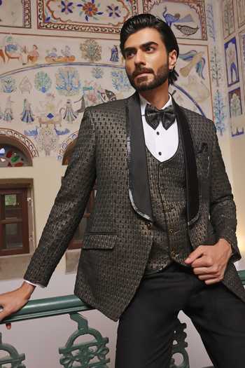 ZOOP MEN_Gold Jacquard, Rayon Embroidery Weaved Tuxedo Set _at_Aza_Fashions