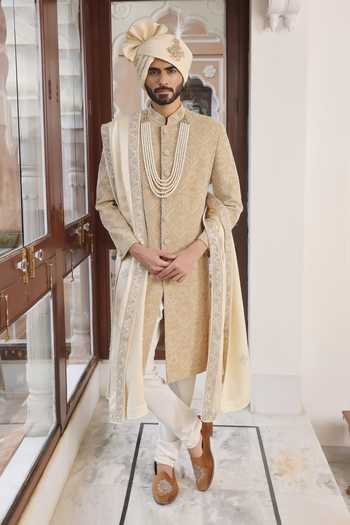 ZOOP MEN_Beige Velvet, Silk, Cotton, Satin Hand Embroidered Sherwani Set _Online_at_Aza_Fashions