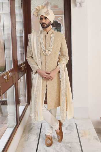 Buy_ZOOP MEN_Beige Velvet, Silk, Cotton, Satin Hand Embroidered Sherwani Set _Online_at_Aza_Fashions