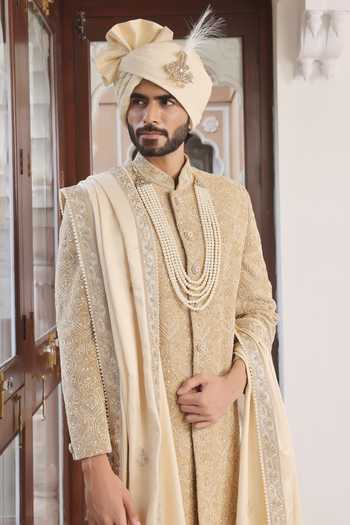 Shop_ZOOP MEN_Beige Velvet, Silk, Cotton, Satin Hand Embroidered Sherwani Set _Online_at_Aza_Fashions