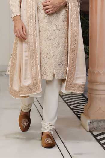 ZOOP MEN_Peach Silk, Cotton, Satin Hand Embroidered Sherwani Set _Online_at_Aza_Fashions