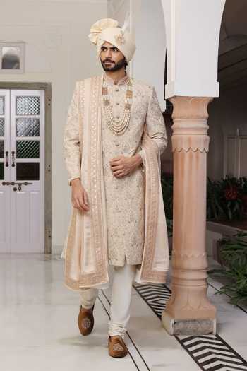 Buy_ZOOP MEN_Peach Silk, Cotton, Satin Hand Embroidered Sherwani Set _Online_at_Aza_Fashions