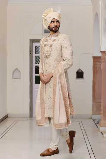Shop_ZOOP MEN_Peach Silk, Cotton, Satin Hand Embroidered Sherwani Set _Online_at_Aza_Fashions