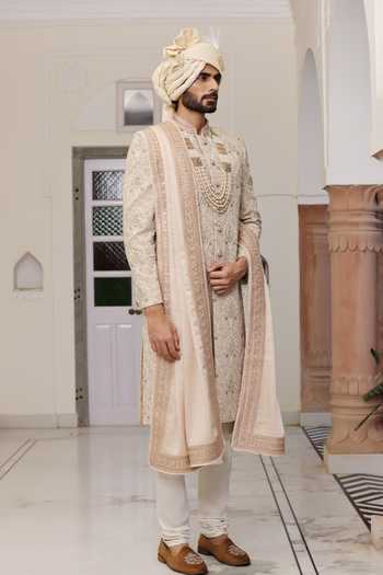 ZOOP MEN_Peach Silk, Cotton, Satin Hand Embroidered Sherwani Set _at_Aza_Fashions