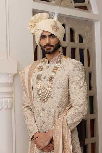 Buy_ZOOP MEN_Peach Silk, Cotton, Satin Hand Embroidered Sherwani Set 