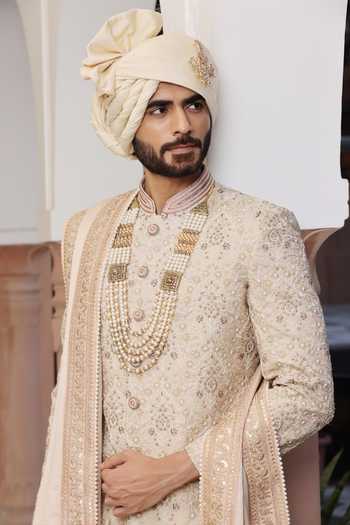Shop_ZOOP MEN_Peach Silk, Cotton, Satin Hand Embroidered Sherwani Set 