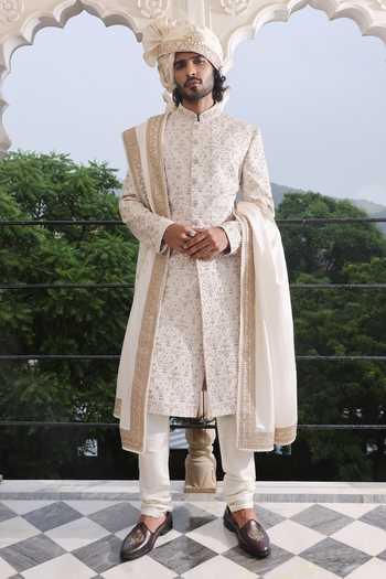 ZOOP MEN_Ivory Silk, Jacquard, Cotton, Satin Hand Embroidered Sherwani Set _Online_at_Aza_Fashions