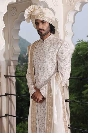 Buy_ZOOP MEN_Ivory Silk, Jacquard, Cotton, Satin Hand Embroidered Sherwani Set _Online_at_Aza_Fashions