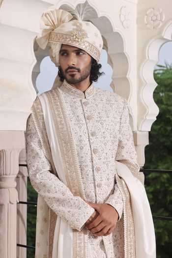 Shop_ZOOP MEN_Ivory Silk, Jacquard, Cotton, Satin Hand Embroidered Sherwani Set _Online_at_Aza_Fashions