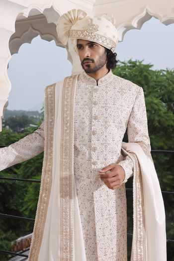 ZOOP MEN_Ivory Silk, Jacquard, Cotton, Satin Hand Embroidered Sherwani Set _at_Aza_Fashions