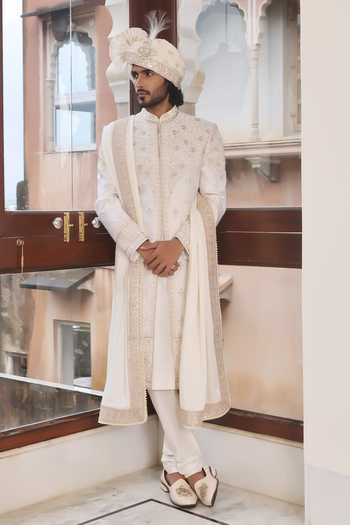 ZOOP MEN_Ivory Silk, Cotton, Satin Hand Embroidered Sherwani Set _Online_at_Aza_Fashions