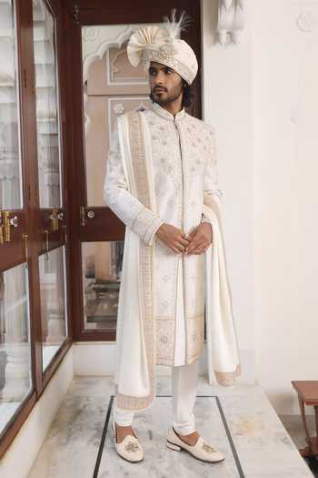Buy_ZOOP MEN_Ivory Silk, Cotton, Satin Hand Embroidered Sherwani Set _Online_at_Aza_Fashions