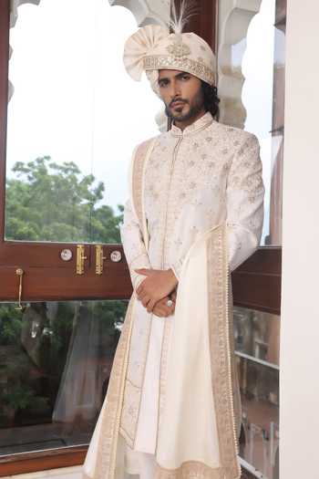 Shop_ZOOP MEN_Ivory Silk, Cotton, Satin Hand Embroidered Sherwani Set _Online_at_Aza_Fashions