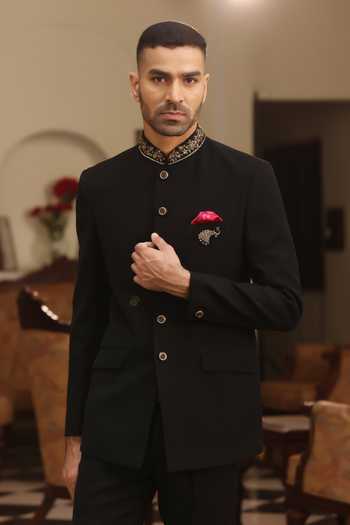 ZOOP MEN_Black Silk, Satin, Lycra Embroidery, Brooches Hand Bandhgala Set _Online_at_Aza_Fashions